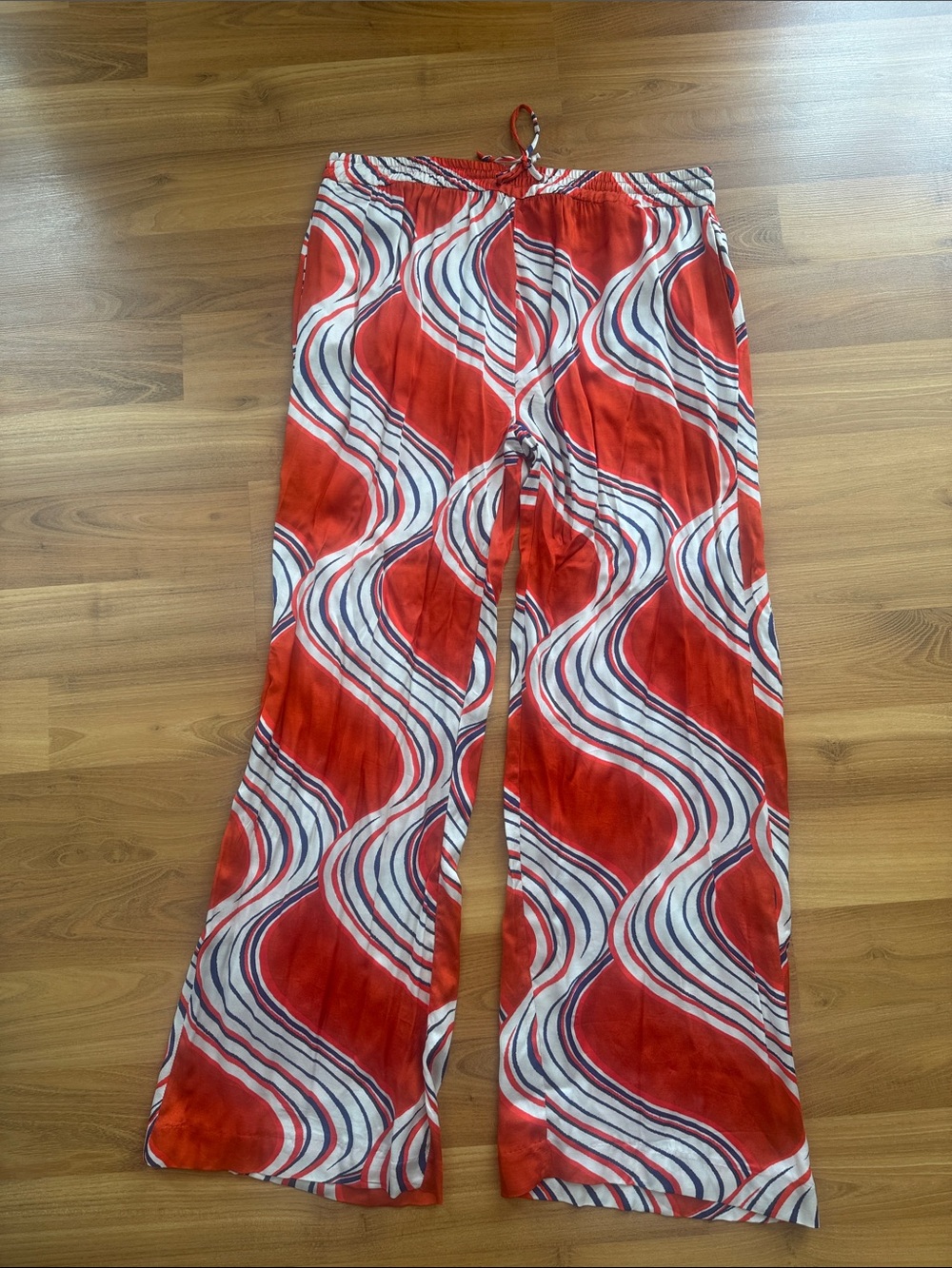 Zara Red-Orange, White & Blue Wave-Print Wide-Leg Pants